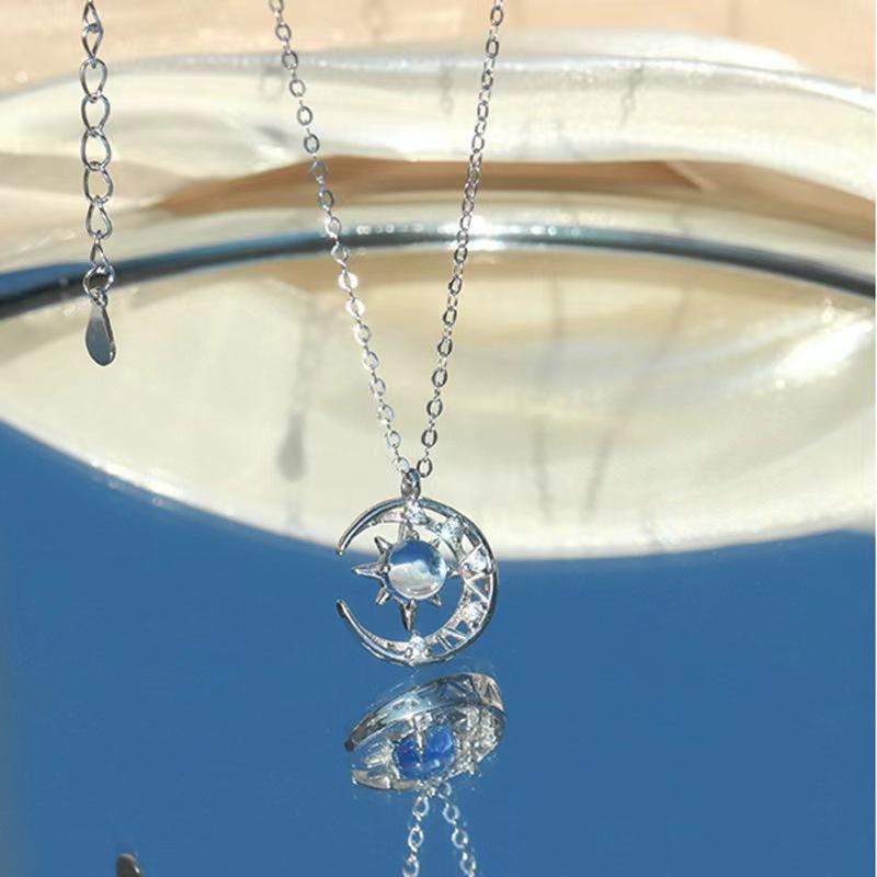 Náhrdelník s měsíčním kamenem pro ženy s vkusným designem, vysoce kvalitní šesticípý řetízek na klíční kost, všestranný a jednoduchý