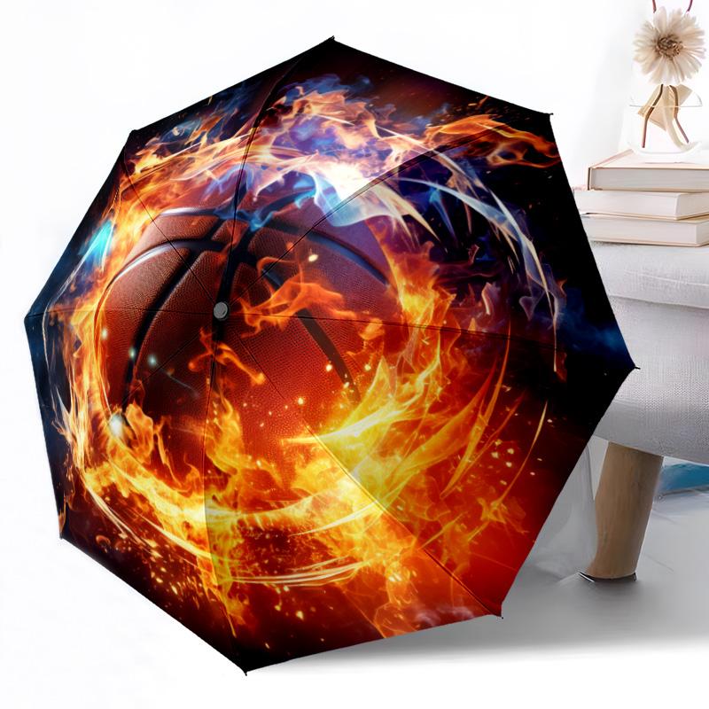 Opera d'arte Palla da Basket Fiammeggiante Ombrello Automatico da Esterno Design Retrattile con 8 Stecche Resistenza Leggero Regalo Perfetto per Amici Famiglia
