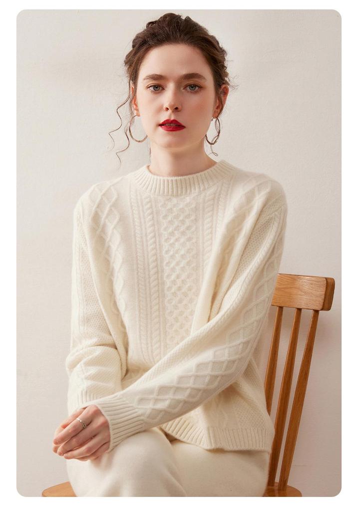 Women's Loose Fit Round Neck Cashmere Sweater: Thick Warm Cable Knit Pullover, Pure Color Korean Style.
