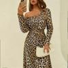 XM European and American autumn new square neck sexy leopard print temperament slim and thin dress