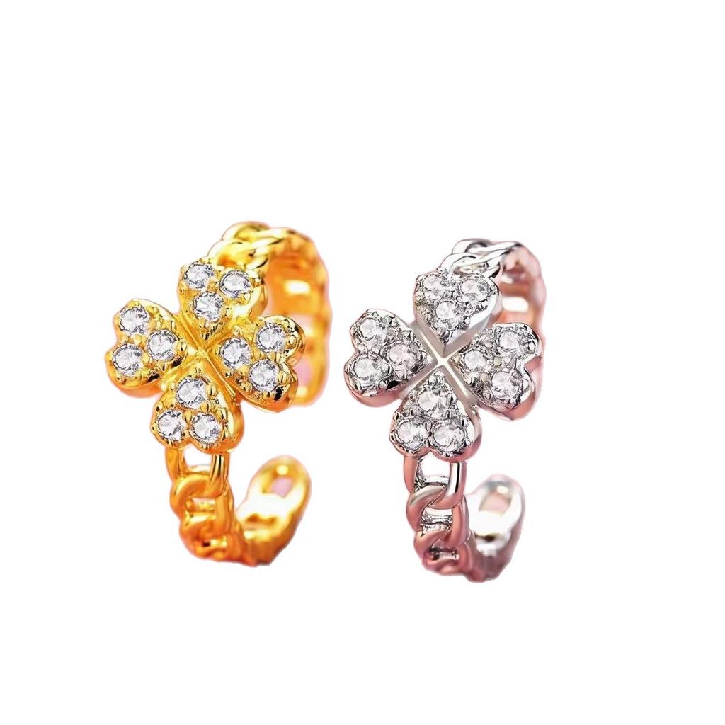 New Arrival Lucky Four-leaf Flower Zircon Ring for Women Flower Fashioneasiest for Matchclassy Sense Open Ring Four-leaf Clover Ring