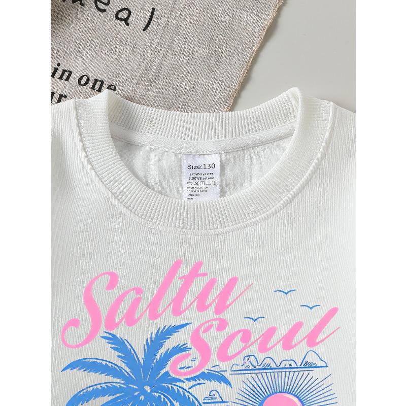 Europäische Größen Mädchen Weiches Rundhals-Sweatshirt Saltu Soul Tropischer Strand Palmenbaum Sonnenschein Aufdruck, Lässig Vielseitig Kombinierbar, Ideales Urlaubsgeschenk
