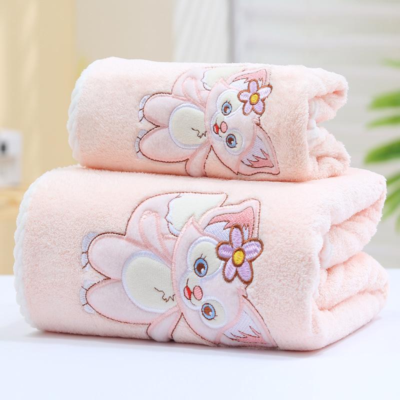 The new coral fleece children's bath towel is soft and absorbent, and the hair can be worn. Lingna Belle towel two-piece set