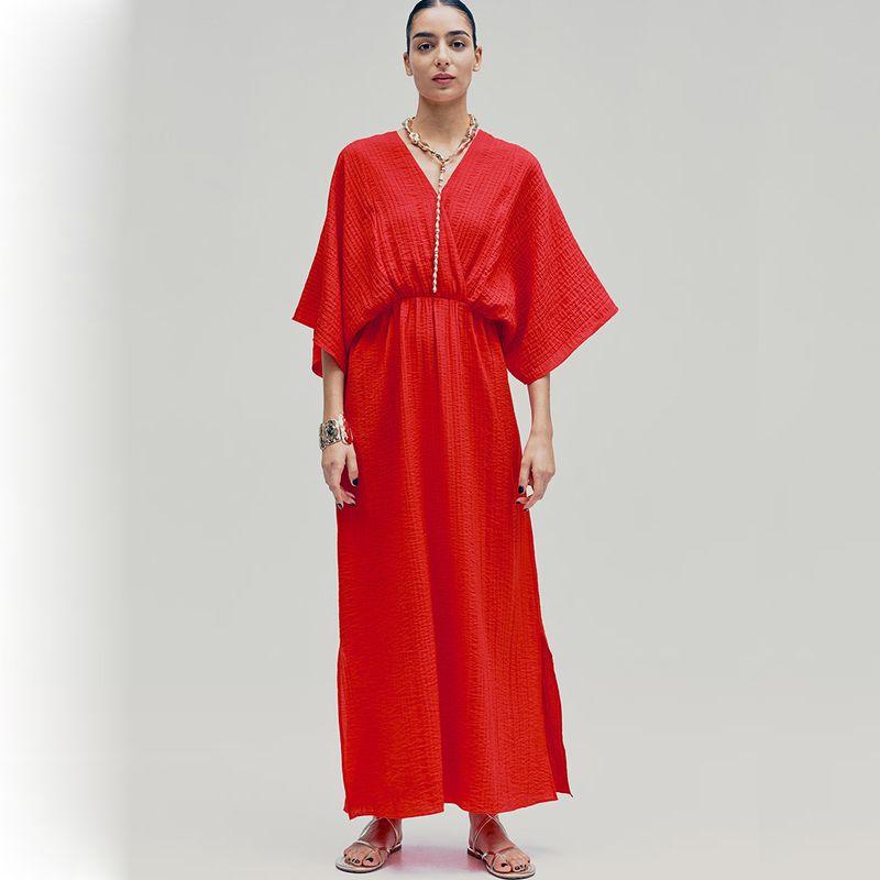 

Loose Oversize V-neck Kraft Tan Long dress Red S