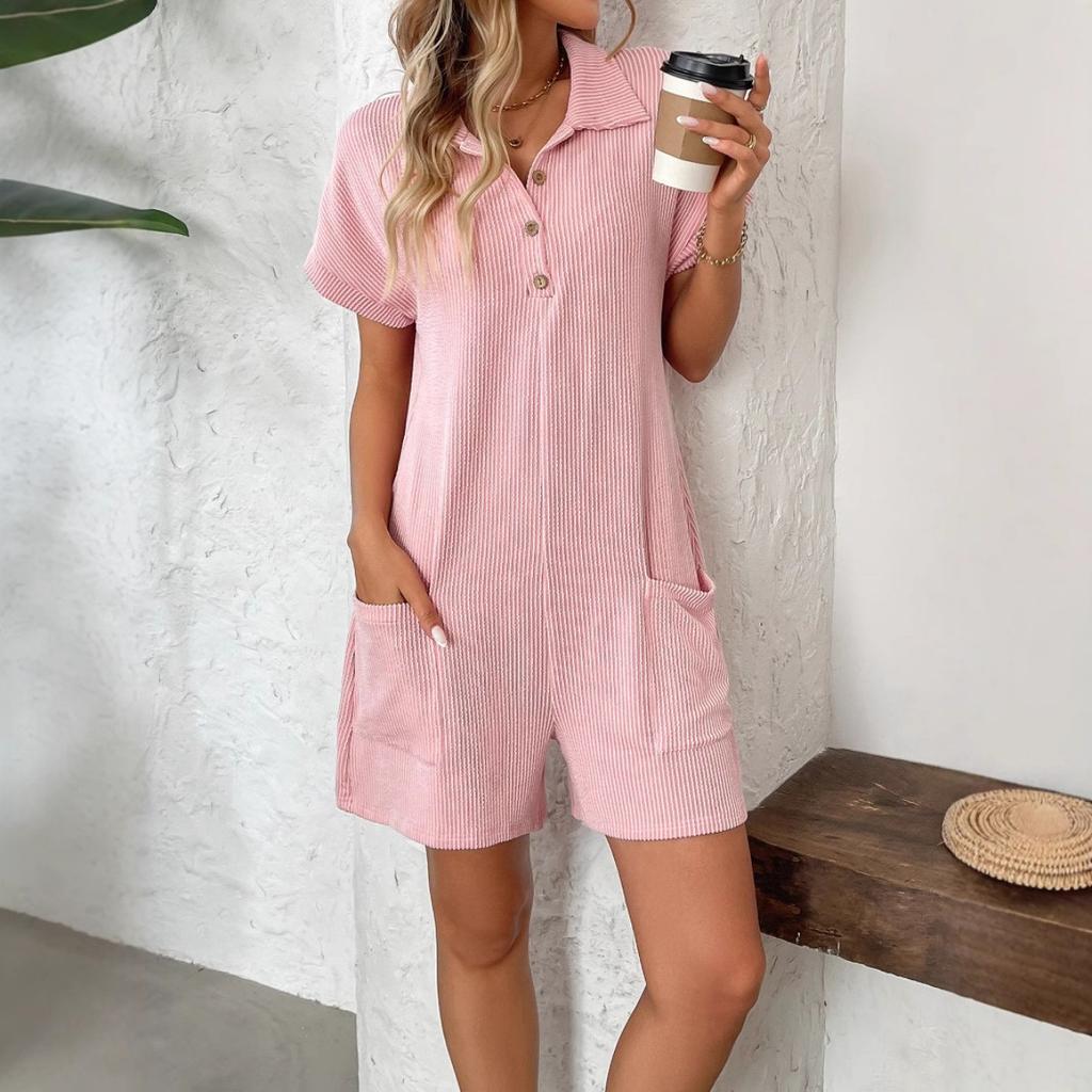 Summer Lapel Button Loose Pocket Short Sleeve Jumpsuit for Women, Leisure Casual One-piece Outfit for Europe America