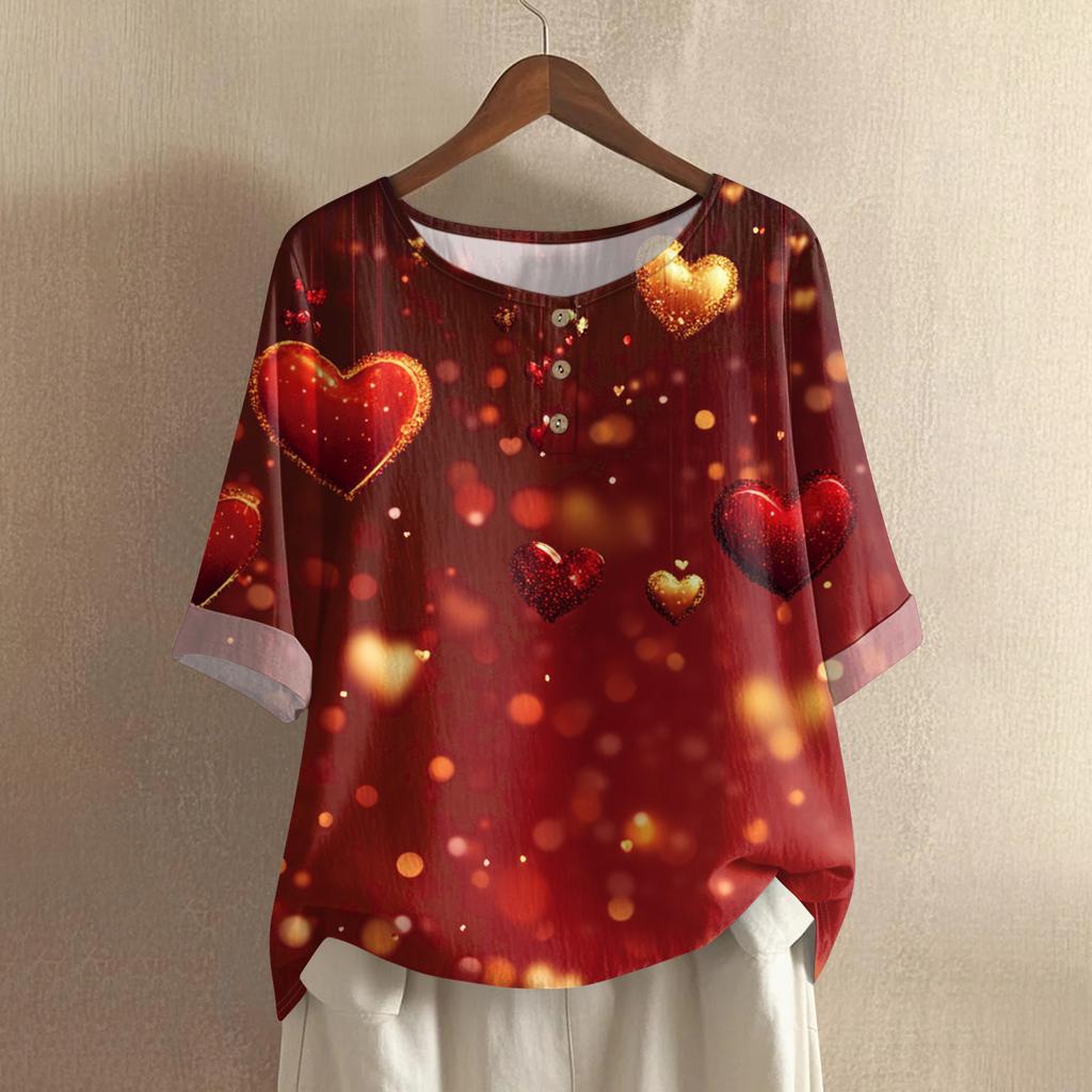 Damska koszulka z nadrukiem na Walentynki, casualowa, z krótkim rękawem, okrągłym dekoltem, z bawełny i lnu