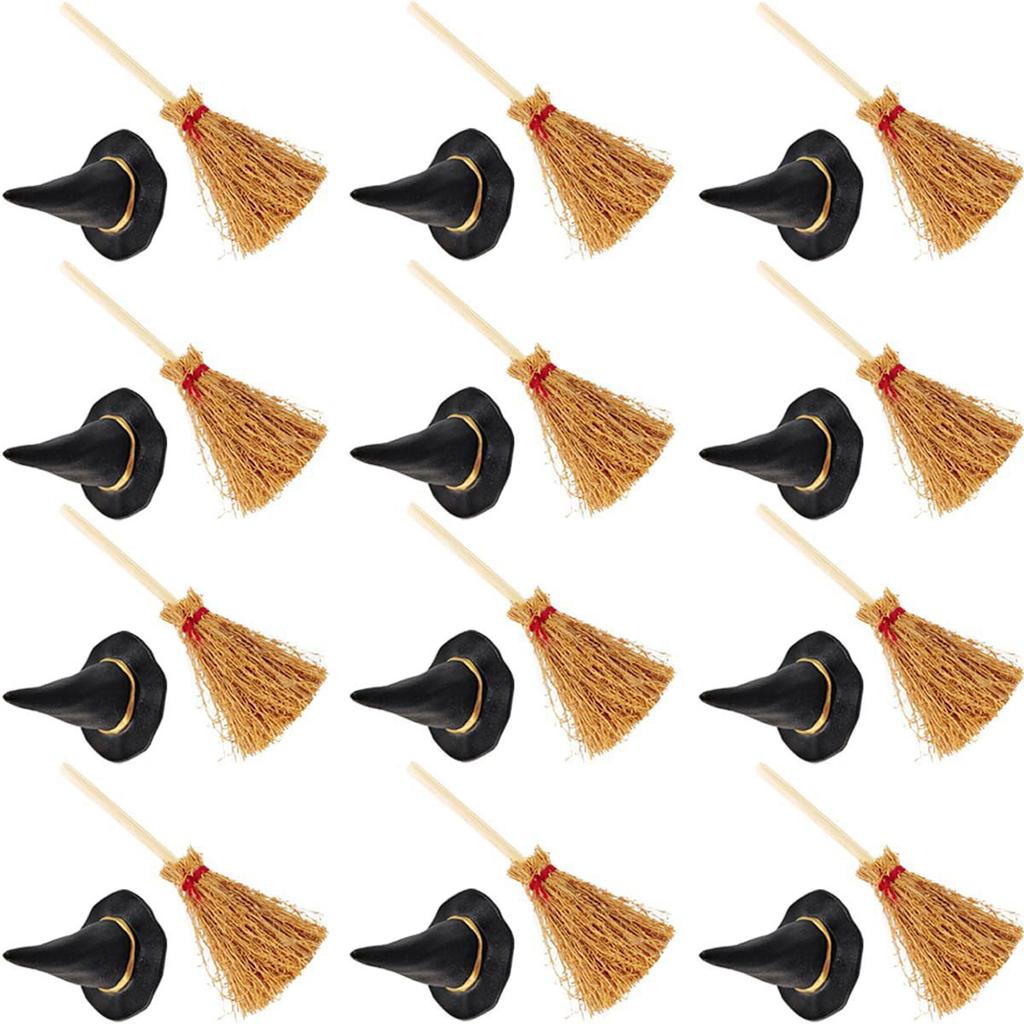 Pack of 24 Miniature Broomstick Witch Hat Set Halloween Party Decorations PVC Crafts Accessories for Home Event
