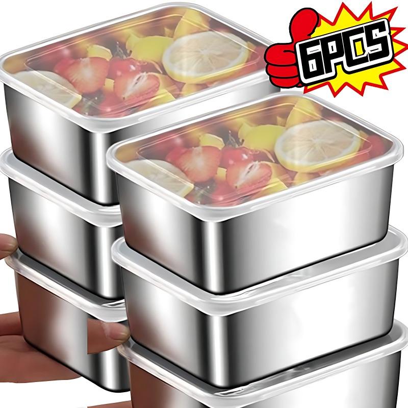 6/1x Edelstahl-Lebensmittelbehälter Verdickt Gefrierschrank-Gemüsefach Rechteckige Lebensmittelaufbewahrungsschale mit Deckel Gerichtschale Frische Lunchplatte