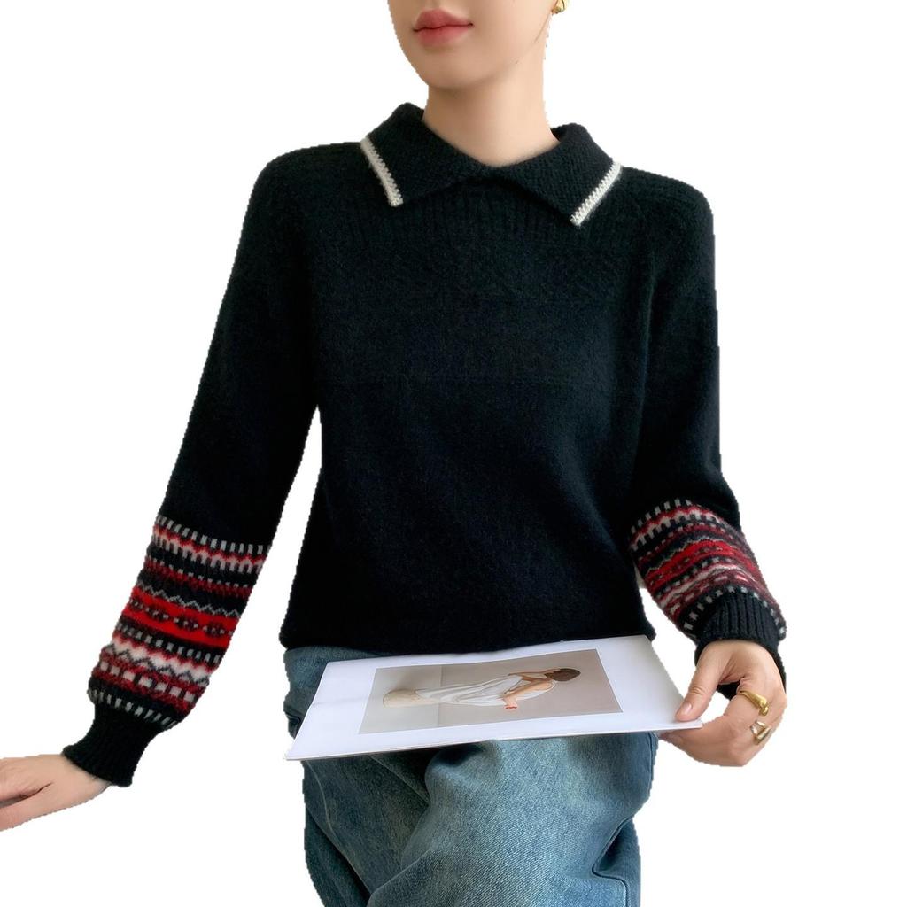 Women's Autumn/Winter Color Block Cashmere Knit Sweater with Contrast Lapel - Fashionable, Loose, and Thickened Design