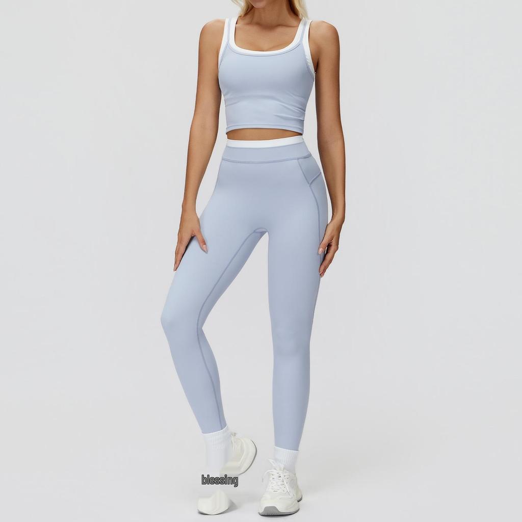 Completo da Yoga da Donna Transfrontaliero: Color Block Nude Feel, Vita Alta Costolata, Abbigliamento Sportivo Fitness Versatile