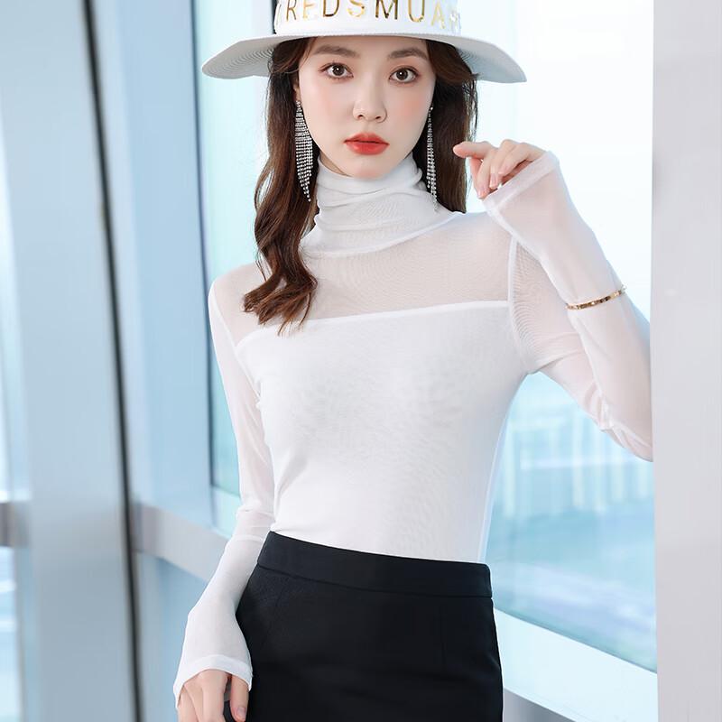 Women's Semi-High Neck Mesh Lace Long Sleeve Top