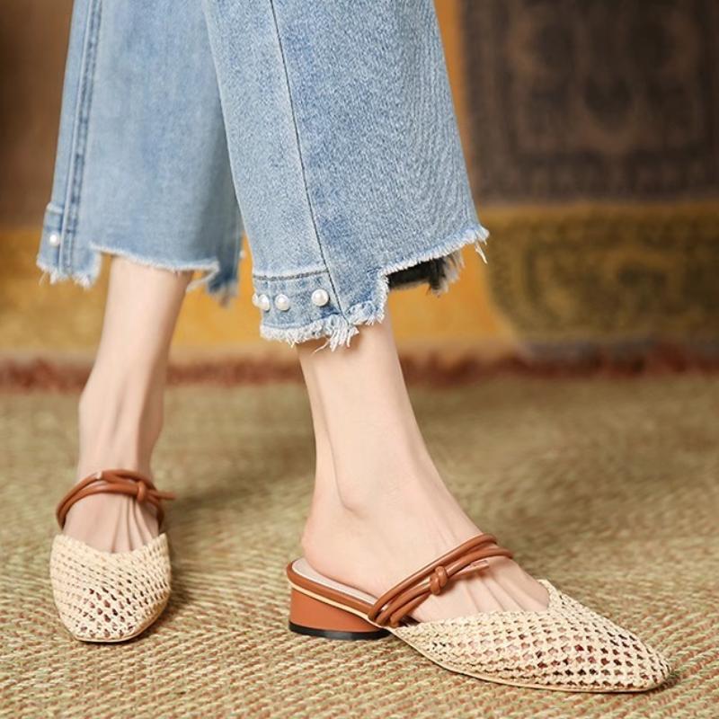 2025 New Vintage Woven 1 Slip-on Toe Half Slippers Women's New Outwear French Fairy Style Thick Heel Holiday Shoes
