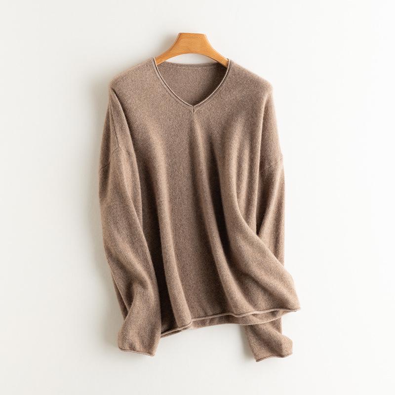 Women's V-Neck Cashmere Pullover Sweater - Loose Fit, Long Sleeve, Versatile for Autumn & Winter.