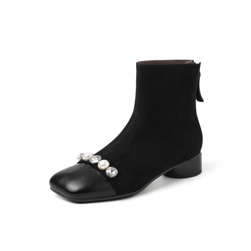 3CM Low Heel Ankle Boots Women Fall Winter Fleece Lined Slim Fit Rhinestone Accent Soft Sole Petite Size Fashion