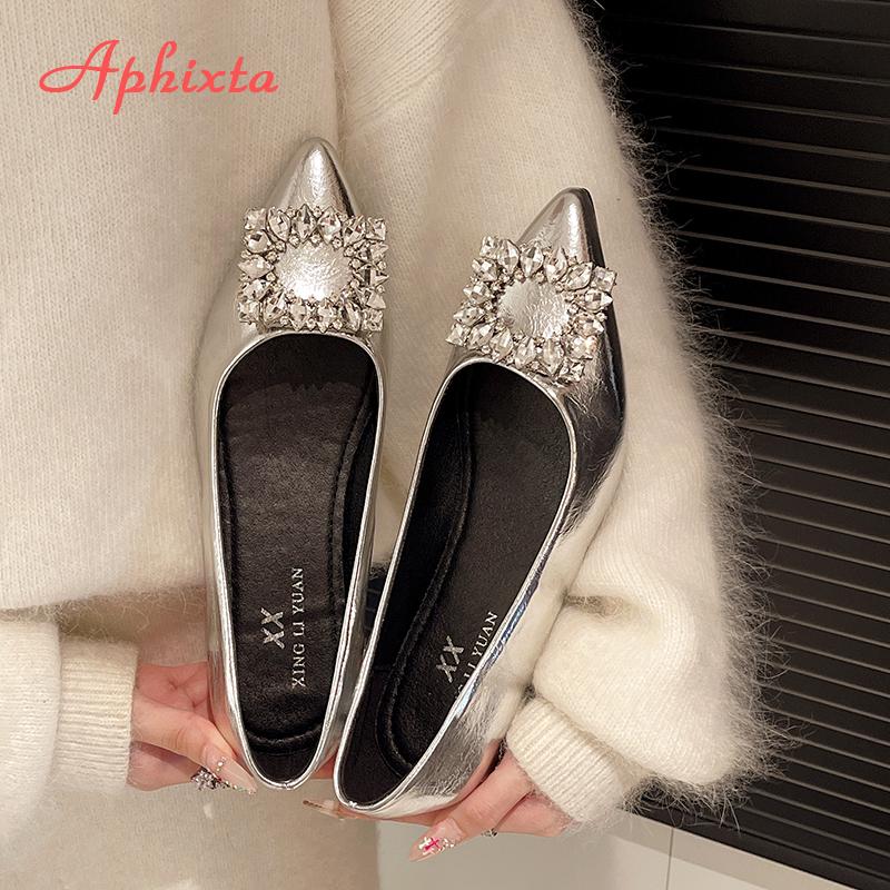 Fashion Aphixta Soft Leather Women Loafers Crystal Buckle Flats Slip On Casual Shoes Gold Loafers 5cm Height Increasing Woman Shoes
