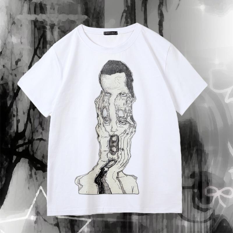 

Футболка с коротким рукавом Искаженное лицо абстракция Темный стиль субкультура Унисекс свободная с коротким рукавом для мужчин и женщин S