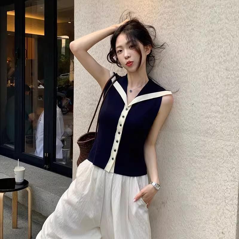 Women White Black Contrast Trim Knit Top V Neck Sleeveless Casual Blouse S чёрный