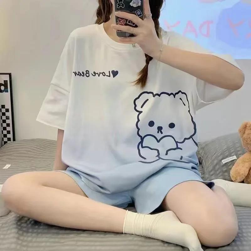 Set for Women's Cartoon Bear Short-Sleeved Shorts Loose Breathable O-Neck Striped Nightwear Homewear Girl Sleepwear