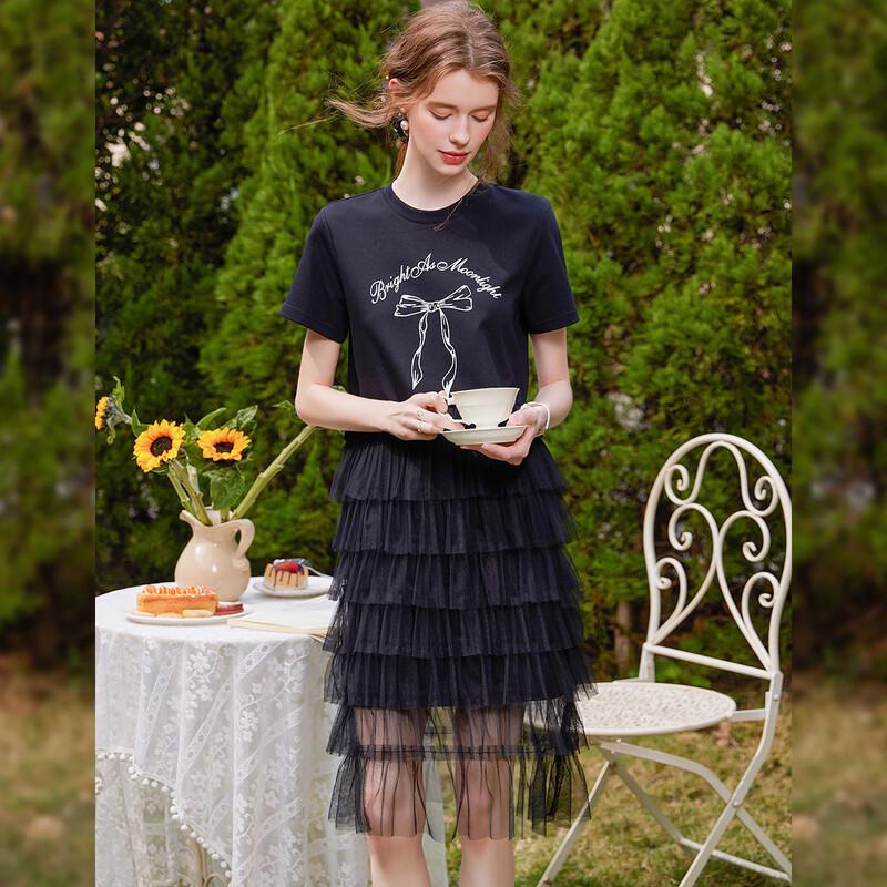Bailuyu Mesh Patchwork Letter Bow Print Short Sleeve A-line Dress S