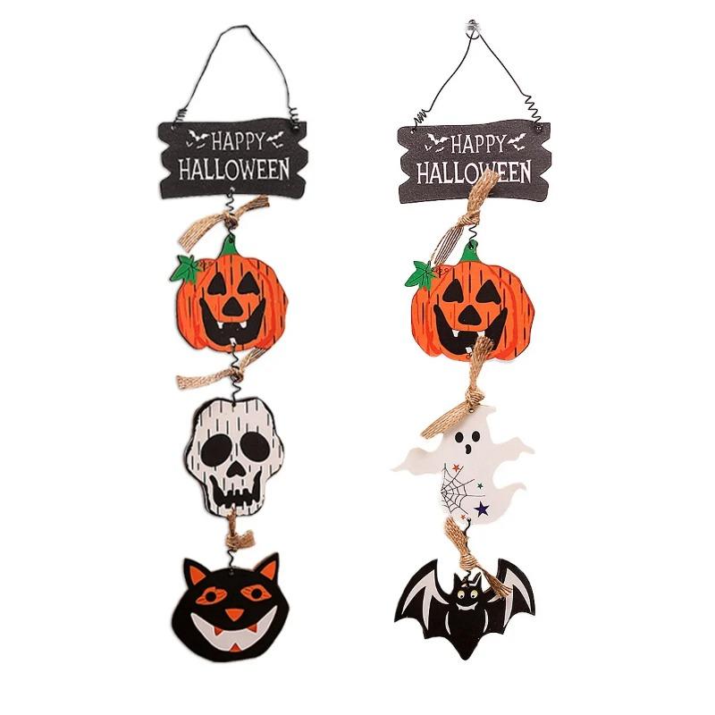 New Wooden Halloween Door Sign Pumpkin Ghost Bat Happy Halloween Doorplate Trick Or Treat Horror Props Door Hanging Decorations
