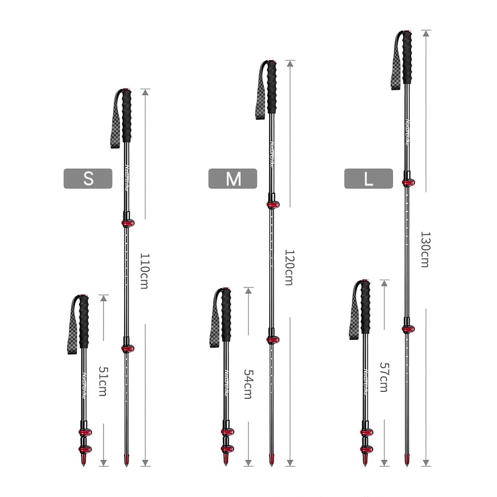 Naturehike Carbon Ultraleichter Teleskop-Trekkingstock für Männer und Frauen Kompakt und Längenverstellbar 1 3-teilig (Rot, L, Stück)