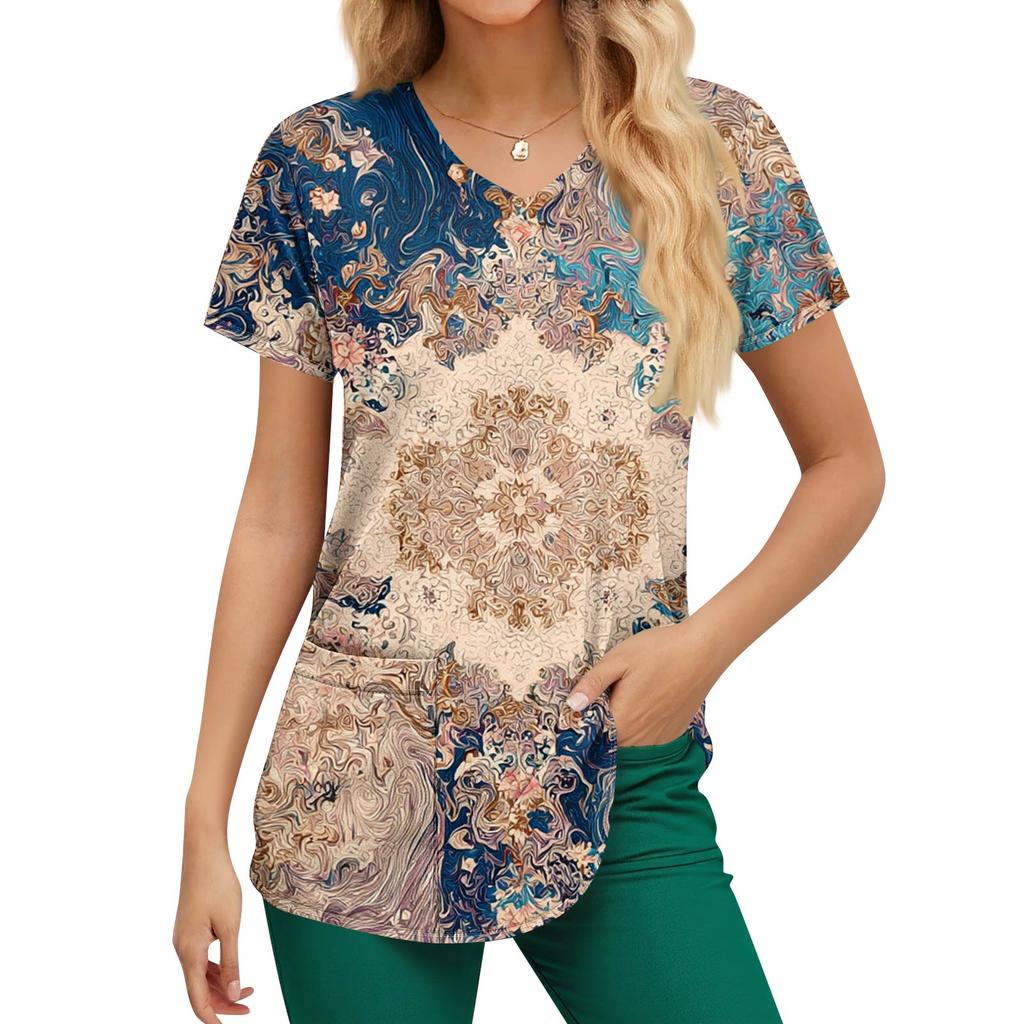 Plus Size Printed Scrub Working Uniform Tops For Women's V-Neck Print Short Sleeve Fun T-Shirts Workwear Tee With Pockets