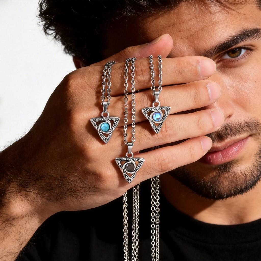 Vnox Turquoise Stone Celtic Knot Pendant Necklaces for Men Women, Stainless Steel Silver Color 50cm 60cm O-chain Jewelry Gifts