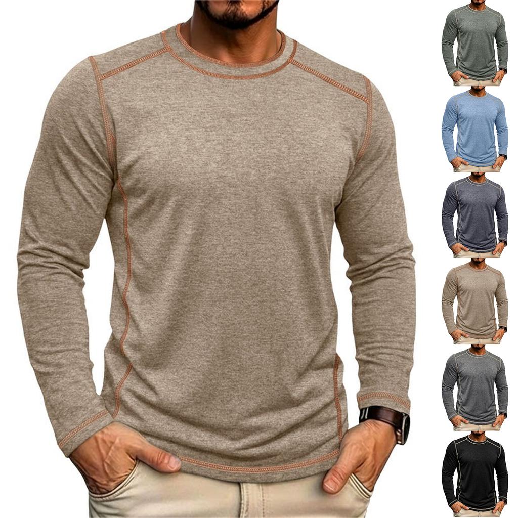 Men's Long Sleeve Crew Neck T Shirt Casual Lightweight Pullover Top with Stitching for Everyday Wear