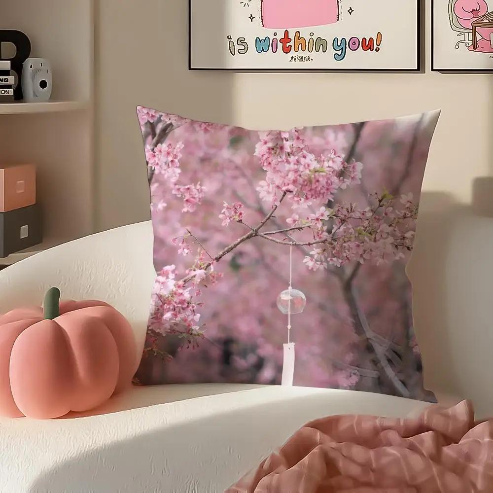 Each Skin Pillow Cover 2D Flat Printed Pink Cherry Blossom Sakura Cushion Cover Spring Floral Home Decor For Sofa Living Room