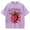 Fashion Women Washed T-Shirts Theta Strawberry Printed Tee Shirts Cotton Distressed Oversize Crewneck Tees Street Clothes
