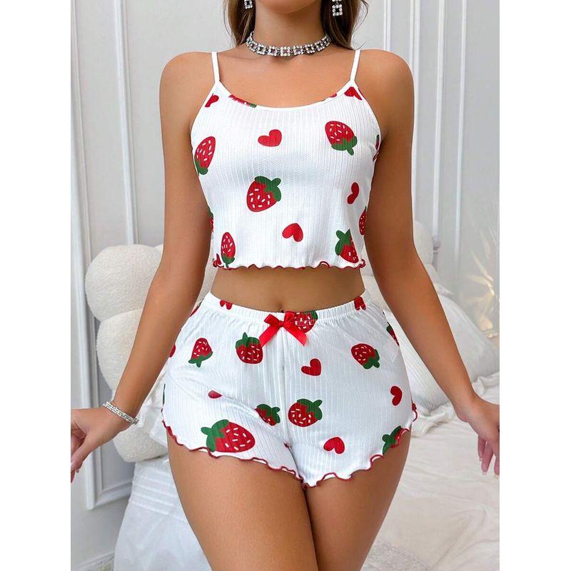 2025 New Sexy Pajamas Female Strawberry Heart Printing Fashion Sling Best Selling Sweet Cute Loungewear