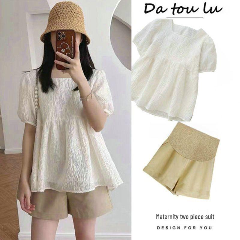 

2026 Summer Maternity Fashion Set: Loose Doll Shirt & Belly Support Shorts M [36-48 kg]
