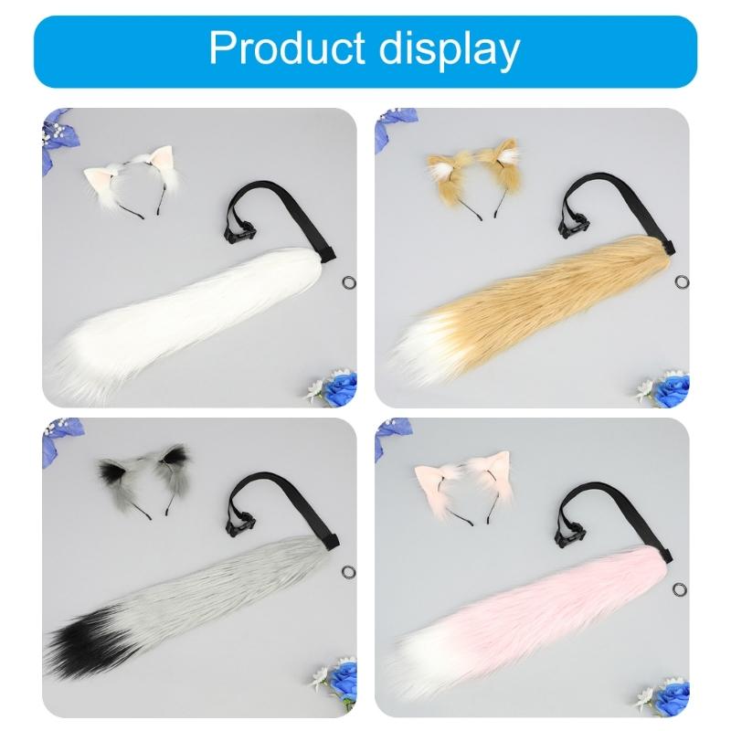 Lovely Plush Tail Animal Tail Cats Ears Headband Foxes Tail Adjustable Belt for Halloween Christmas Carnivals Party