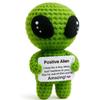Funny Crochet Positive Alien Dolls Handmade Knitted Alien with Uplifting Message Card Sci-Fi Lovers Halloween Home Decoration