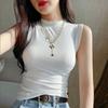 Women Gray Ribbed Knit Mock Neck Sleeveless Tank Top Slim Fit Casual Base Layer