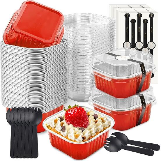 50 Pcs Mini Cake Pans with Lids and Spoons Aluminum Foil Mini Square Baking Cups with Lids Disposable Ramekins Cake Pans Dessert Cups for Wedding 5 OZ красный