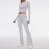 Damen Freizeit Zweiteiler Set Langarm Rundhals Crop Top Hohe Taille Schlaghosen Gestrickt Einfarbig Loungewear Passendes Outfit Set