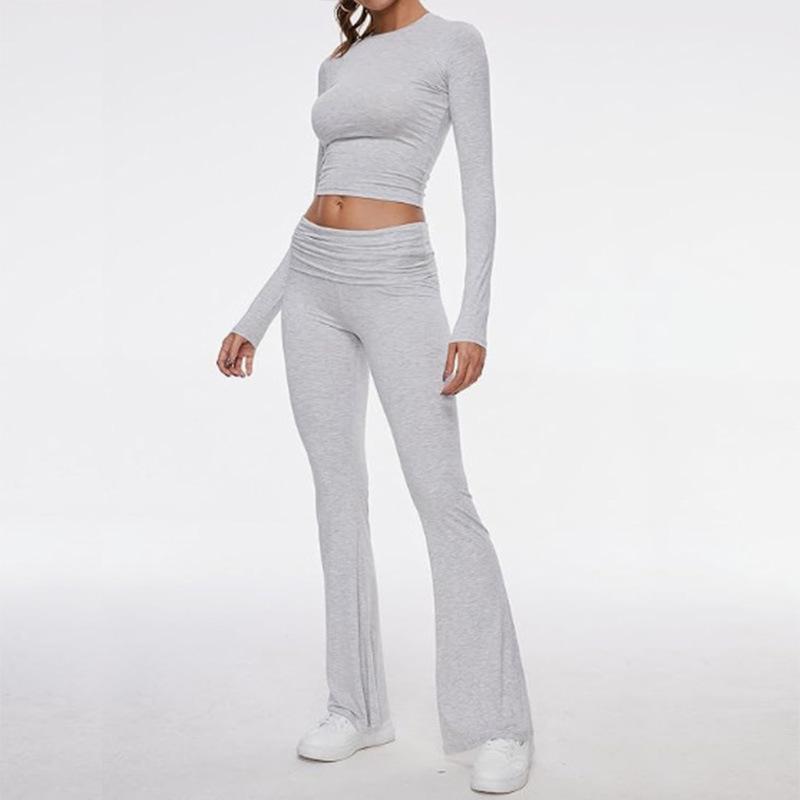 Damen Freizeit Zweiteiler Set Langarm Rundhals Crop Top Hohe Taille Schlaghosen Gestrickt Einfarbig Loungewear Passendes Outfit Set
