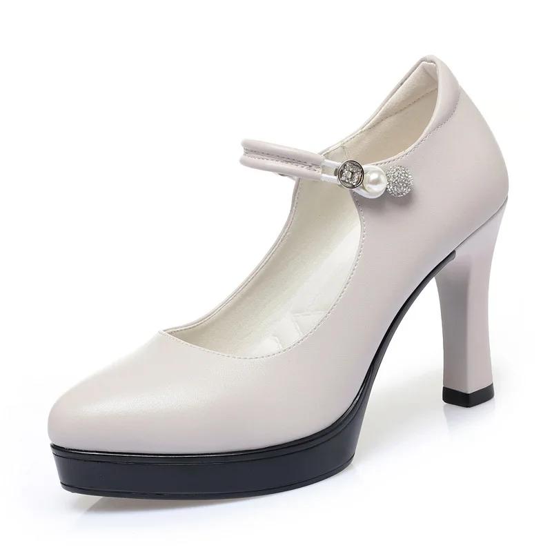 9cm Elegant Comfortable Shallow Soft Leather Shoes Platform Pumps Women 2025 Fall Block High Heels Shoes for Office Model Dress