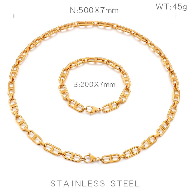 Trendy Stainless Steel Figaro Chain Bracelet & Necklace Set - Simple, Versatile Jewelry Accessory