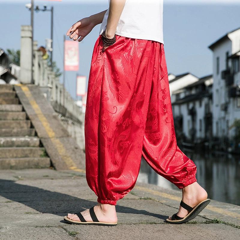 Spring and Summer Thin Ice Silk Drape Pants Men's Chinese Style Dragon Print Lantern Harem Pants Loose Casual Wide-leg Pants