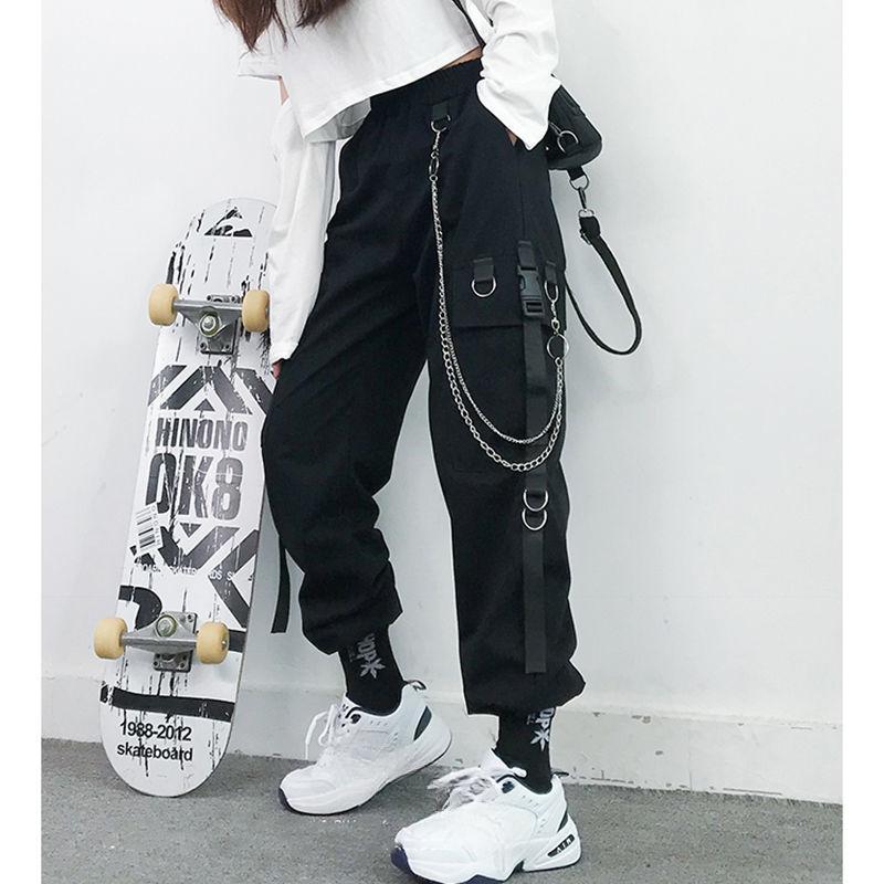Women Cargo Pants Harem Pants Fashion Punk Pockets Jogger Trousers With Chain Harajuku Elastics High Waist Streetwear