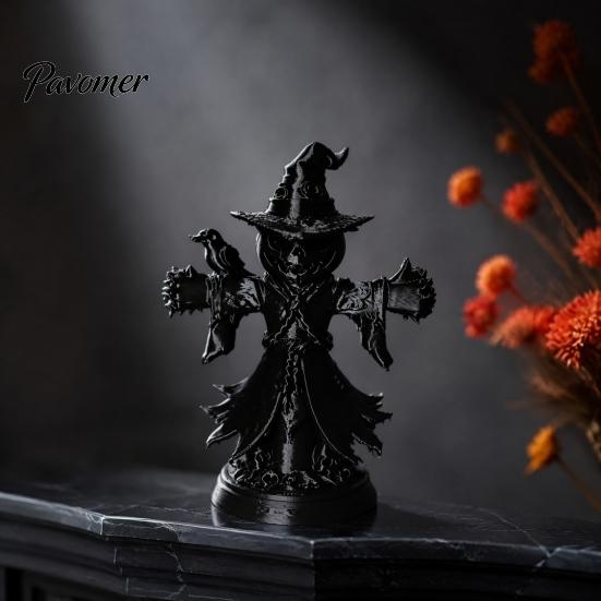 Gruseliges Haus Thema Zubehör Halloween Vogelscheuche Krähe Statue, 3D Gedruckter Kürbiskopf mit Gruseliger Kaminregal Akzent Krähe, Spukhaus