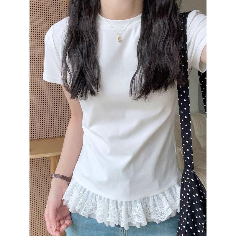 

Women s Lace Trim Slim Fit Patchwork T-Shirt - Summer 2025 Collection Extra Large