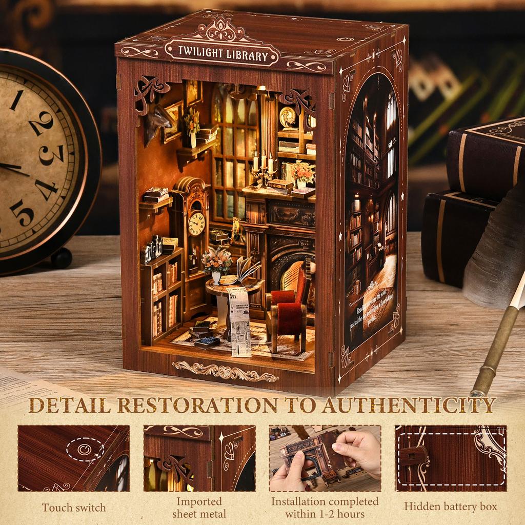 DIY Book Nook Kit Decorative Miniature Nook Bookshelf Insert with LED Light 3D Wooden Miniature House for Book Lovers Home Decor