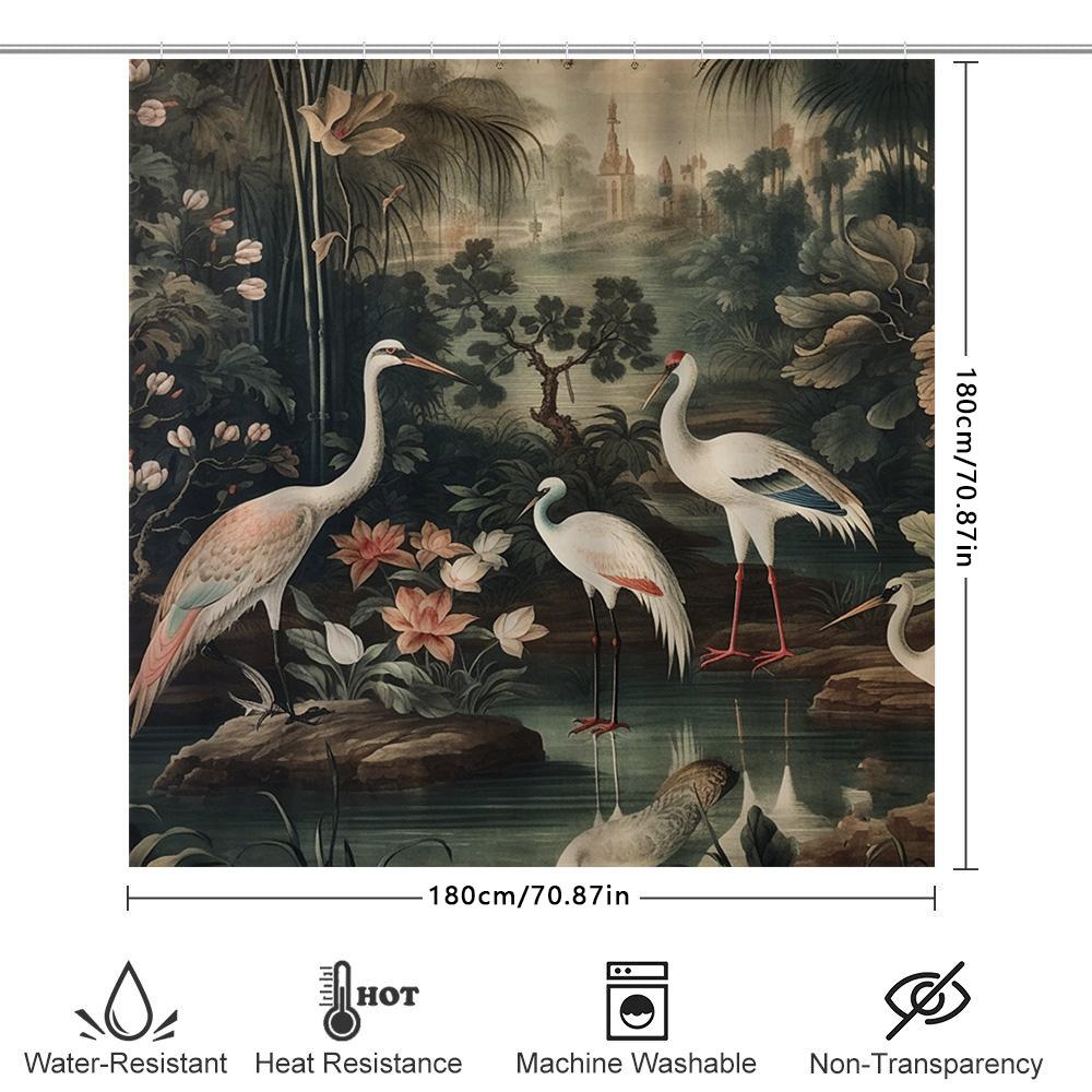 Exquisite Oriental Bird Bathing Curtains Vintage White Crane Print Shower Curtain for Bathroom Decoration