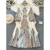 Retro Lantern Long Sleeve Stand Collar Elegance Print Dress