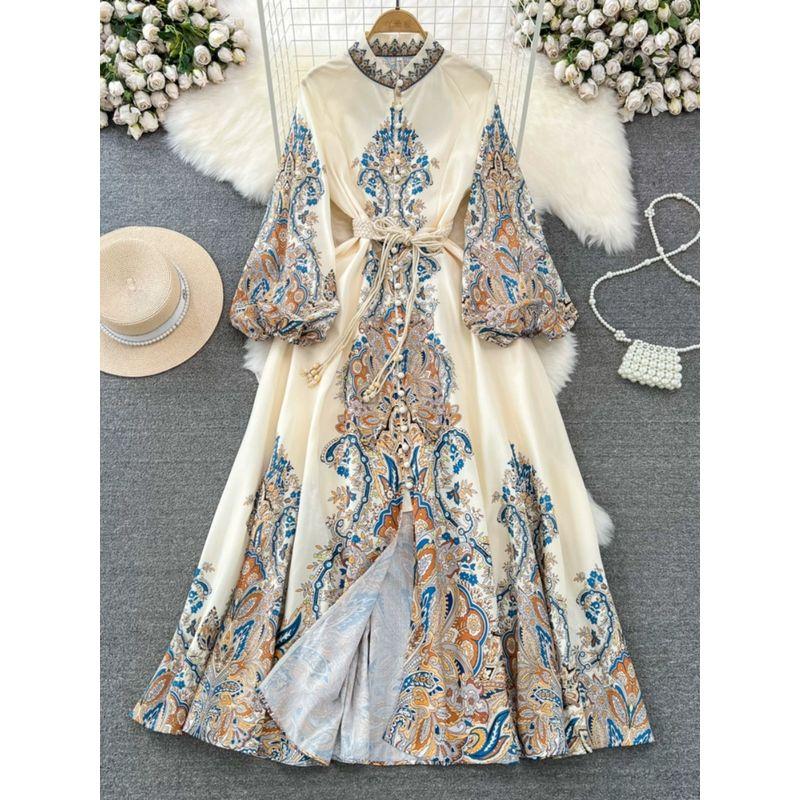 Retro Lantern Long Sleeve Stand Collar Elegance Print Dress