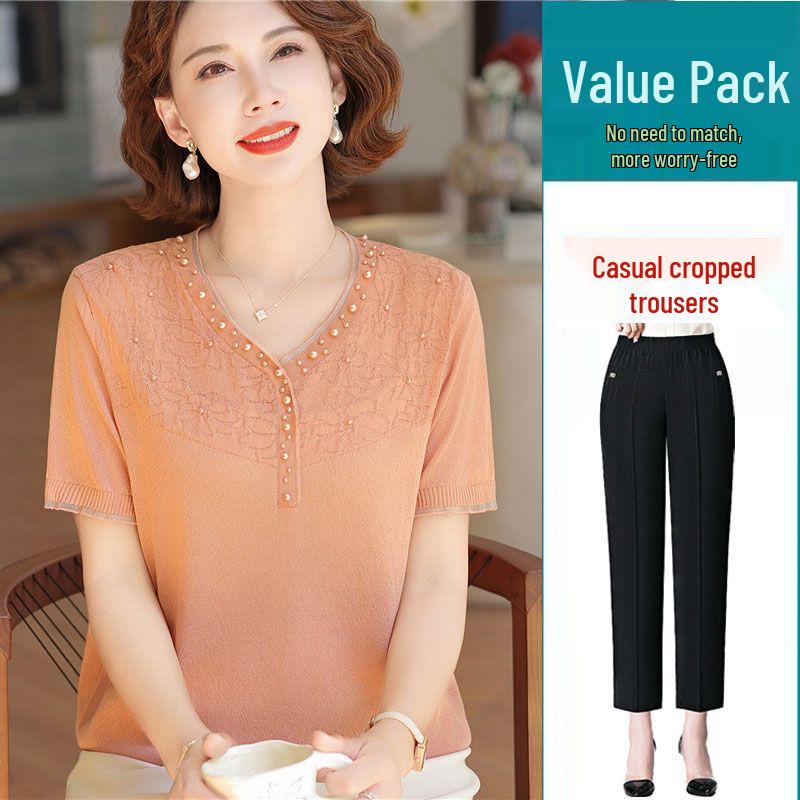 Mom's Summer Ice Silk V-Neck Short-Sleeve T-Shirt for Middle-Aged & Elderly Women - Loose Plus Size Top Set