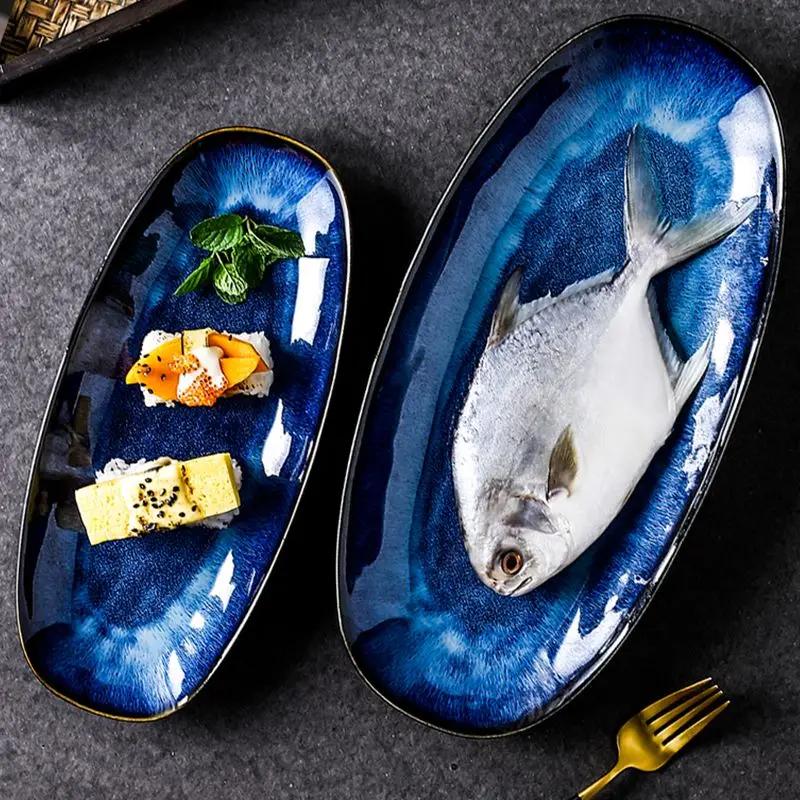 Ofen-Katzen-Tye-Blaufischplatte im japanischen Stil, Servierplatte, gedämpfte ovale Speiseteller, große glasierte Sushi-Platte